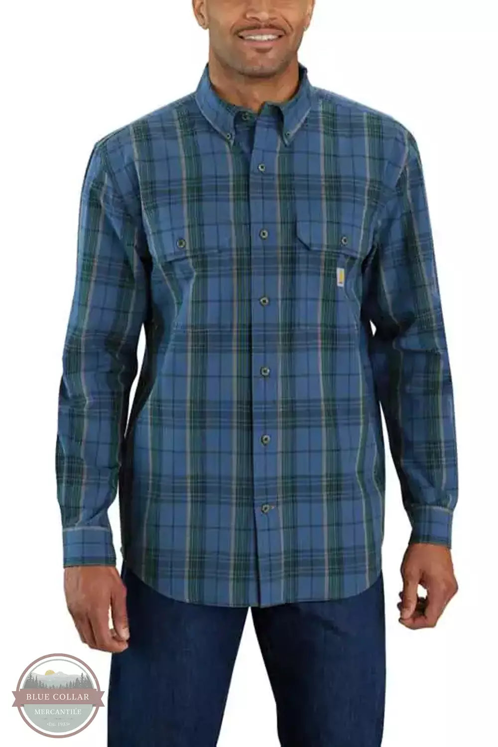 Carhartt 105946 Loose Fit Midweight Chambray Button Down Long Sleeve Shirt in Plaid Dark Blue Model Front View
