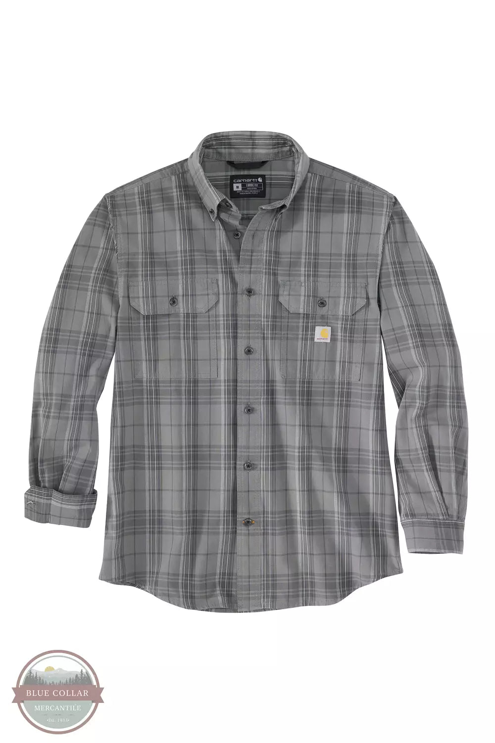 Carhartt 105946 Loose Fit Midweight Chambray Button Down Long Sleeve Shirt in Plaid Steel Front View