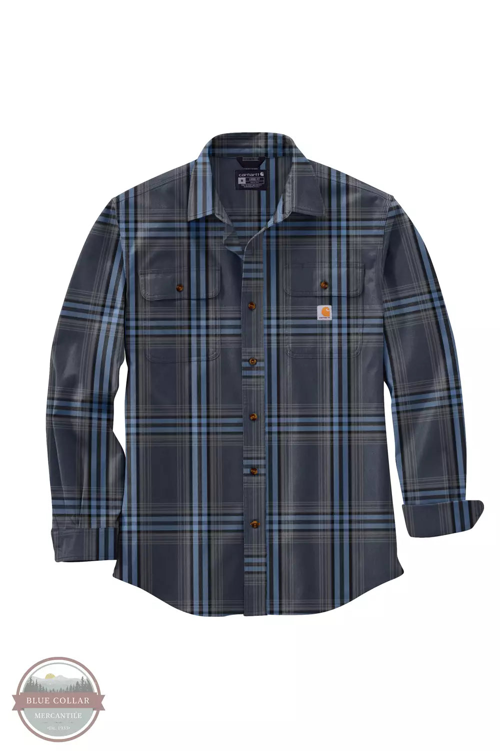 Carhartt 105947 Loose Fit Heavyweight Flannel Button Down Long Sleeve Shirt in Plaid Navy Front View