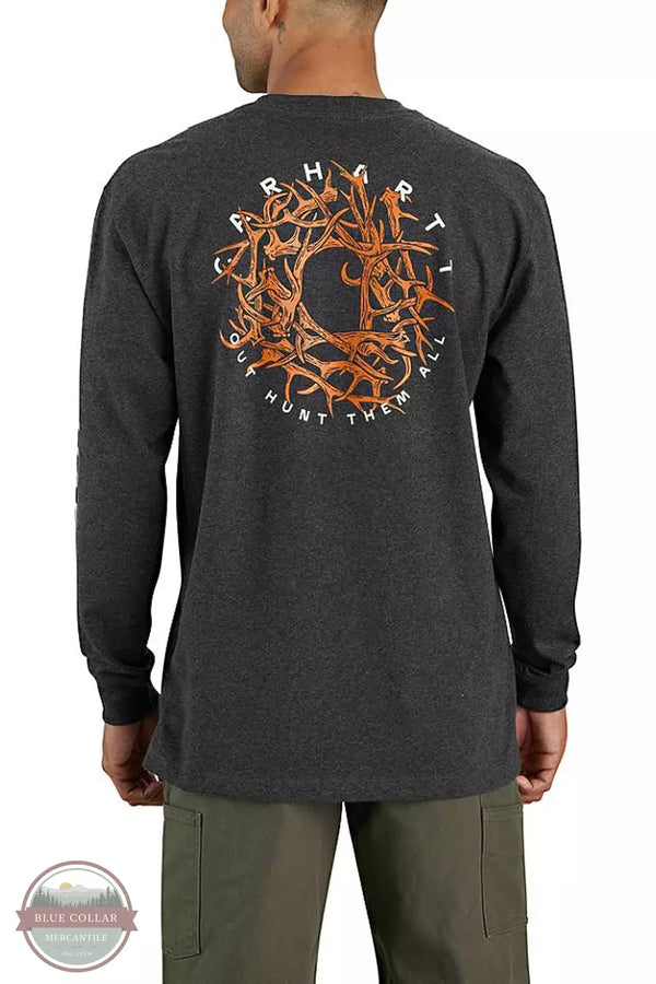 Carhartt 105957-CRH Loose Fit Heavyweight Hunt Graphic Long Sleeve T-Shirt in Carbon Heather Model Back View