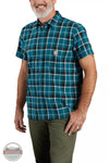 Carhartt 106139 Rugged Flex Relaxed Fit Lightweight Short Sleeve Plaid Shirt Navy Front View. This item is available in multiple colors.