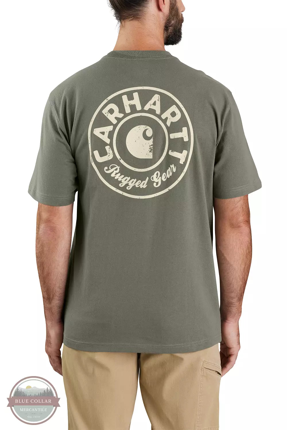 Carhartt 106154 Built to Last Graphic Loose Fit Heavyweight Short Sleeve T-Shirt Dusty Olive Back View - Two Colors