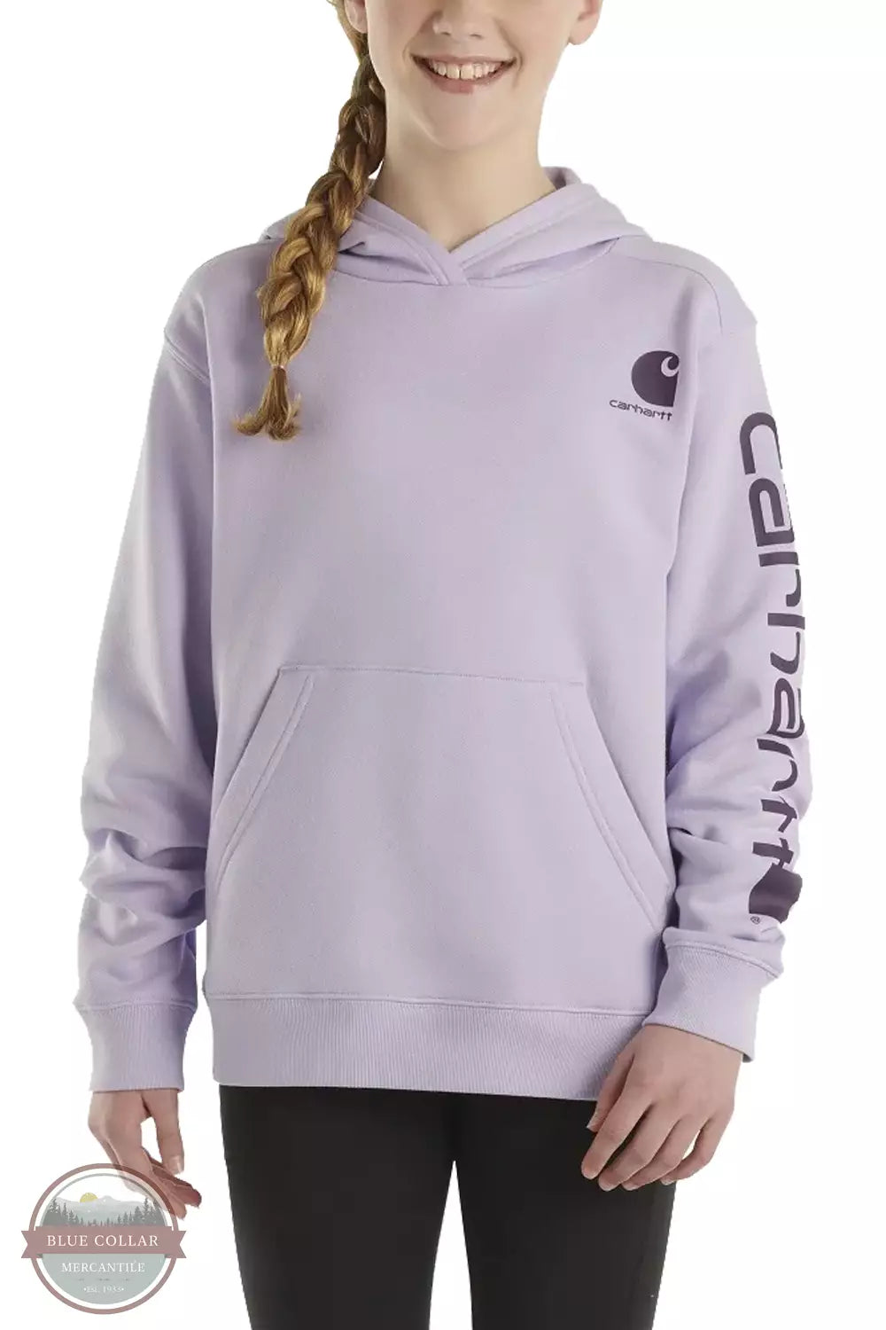 Carhartt CA9983-L193 Youth Long Sleeve Logo Graphic Hoodie in Lavender Front View