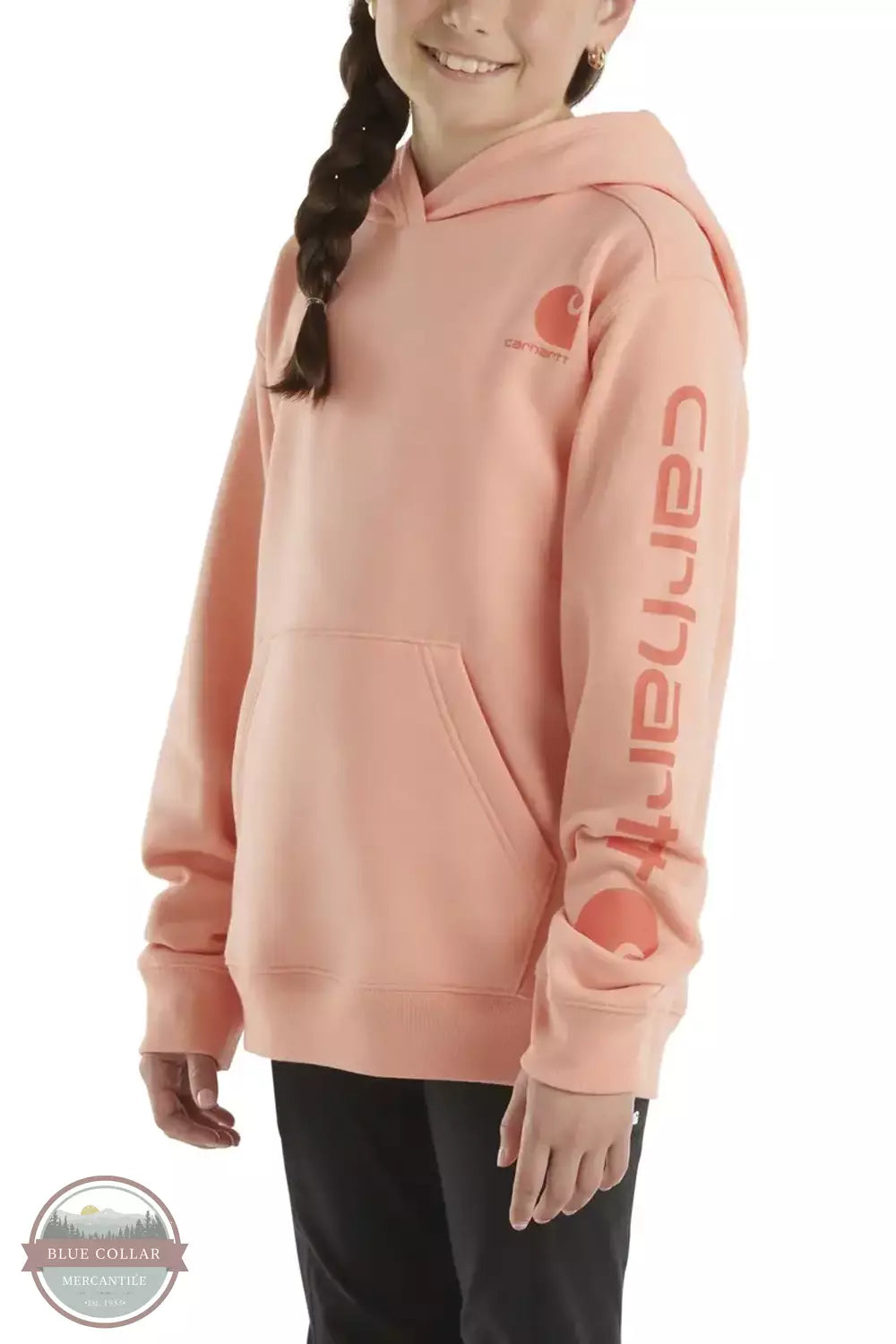 Carhartt CA9983-L193 Youth Long Sleeve Logo Graphic Hoodie Peach Amber Profile View