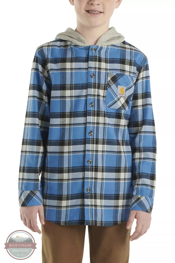 Carhartt CE8199-Q44 Long Sleeve Flannel Button Front Hooded Shirt in Electric Blue Lemonade Front View