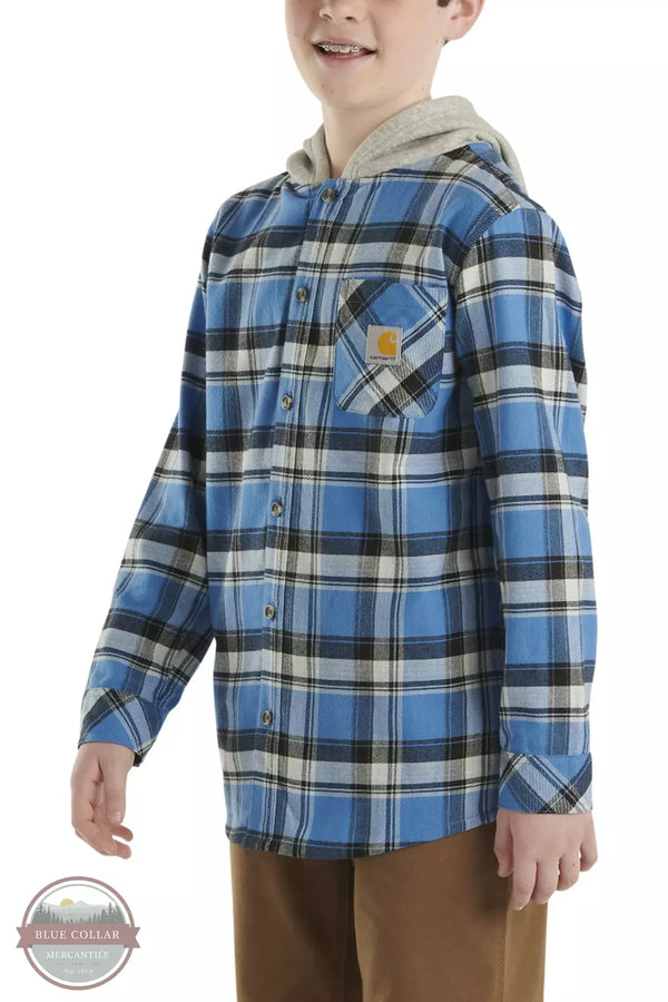 Carhartt CE8199-Q44 Long Sleeve Flannel Button Front Hooded Shirt in Electric Blue Lemonade Profile View