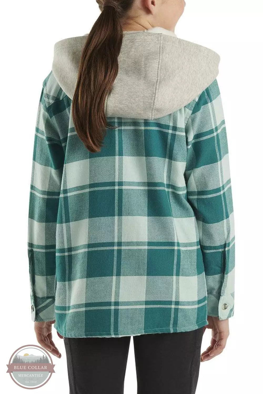 Carhartt CE9148-A180 Long Sleeve Flannel Button Front Hooded Shirt in Pastel Turquoise Back View