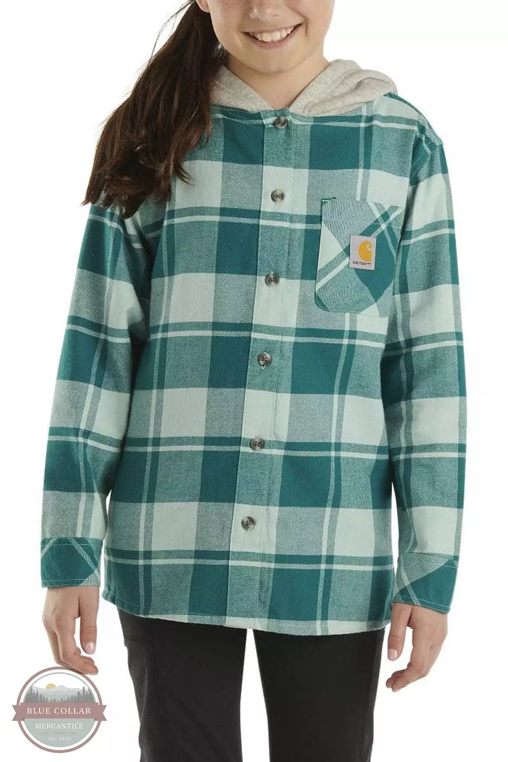 Carhartt CE9148-A180 Long Sleeve Flannel Button Front Hooded Shirt in Pastel Turquoise Front View