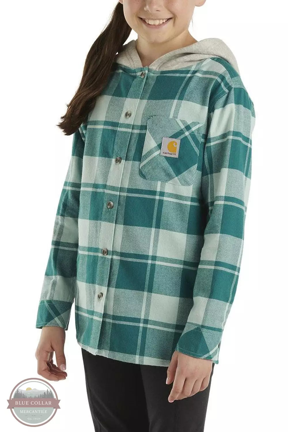 Carhartt CE9148-A180 Long Sleeve Flannel Button Front Hooded Shirt in Pastel Turquoise Profile View