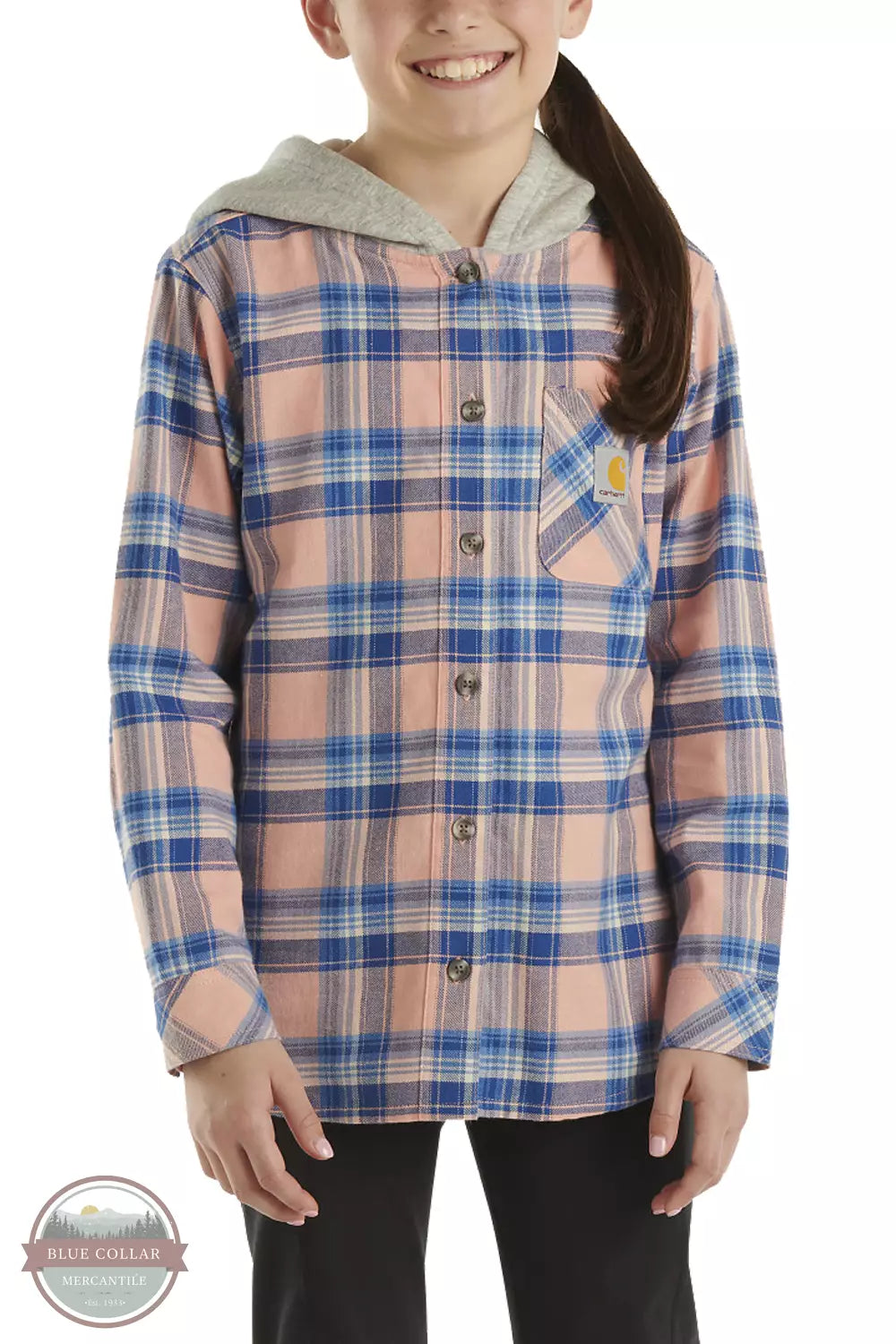 Carhartt CE9149-P399 Long Sleeve Flannel Button Front Hooded Shirt in Peach Amber Front View
