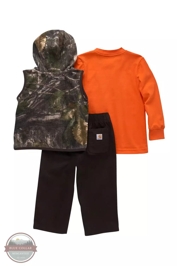 Carhartt CG8887-D17 Toddler 3-Piece Set Orange Long Sleeve Graphic T-Shirt, Camo Vest, and Canvas Pants in Mustang Brown Back View