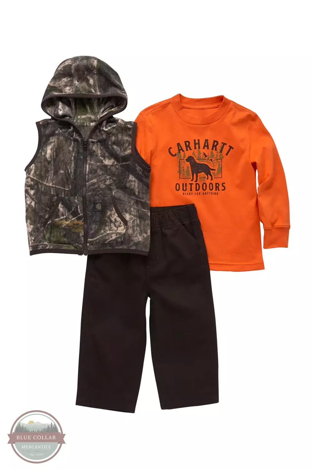 Carhartt CG8887-D17 Toddler 3-Piece Set Orange Long Sleeve Graphic T-Shirt, Camo Vest, and Canvas Pants in Mustang Brown Front View