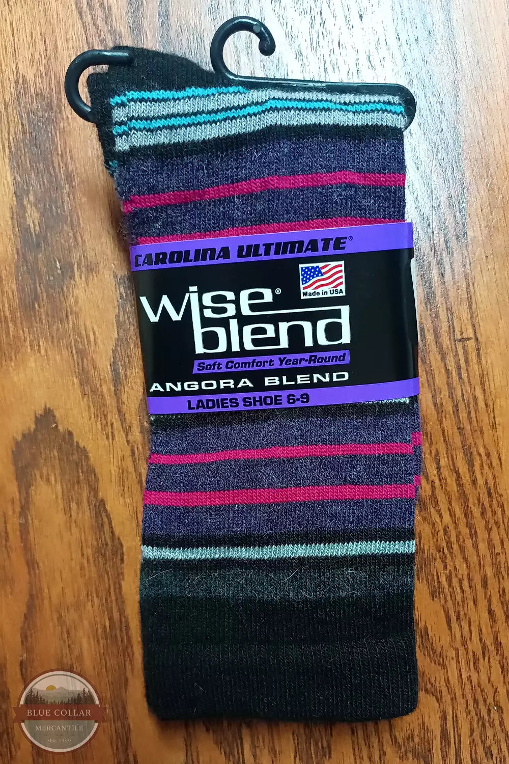Carolina Ultimate 9634 Wise Blend Ladies Angora Stripe Crew Socks in Black Product View