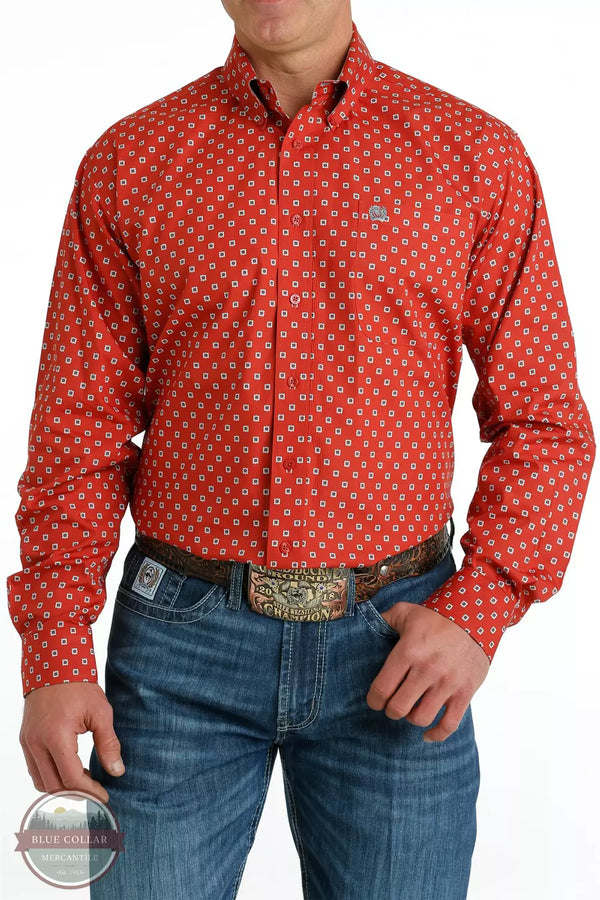 Cinch MTW1105651 RED Geometric Print Button-Down Long Sleeve Shirt in Red/Khaki Front View
