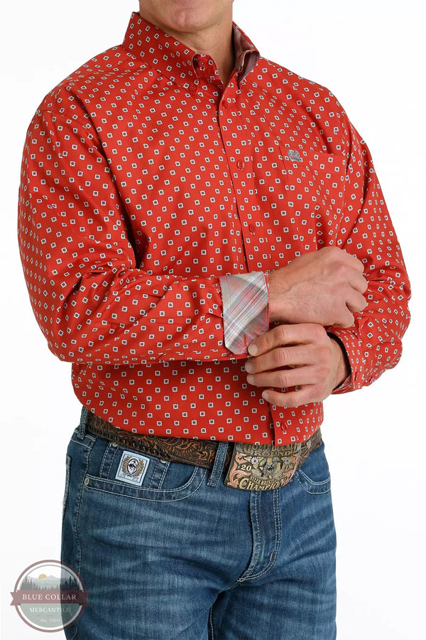 Cinch MTW1105651 RED Geometric Print Button-Down Long Sleeve Shirt in Red/Khaki Profile View