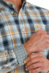 Cinch MTW1105689 Plaid Button-Down Western Long Sleeve Shirt in Light Blue/Navy/Orange Detail View