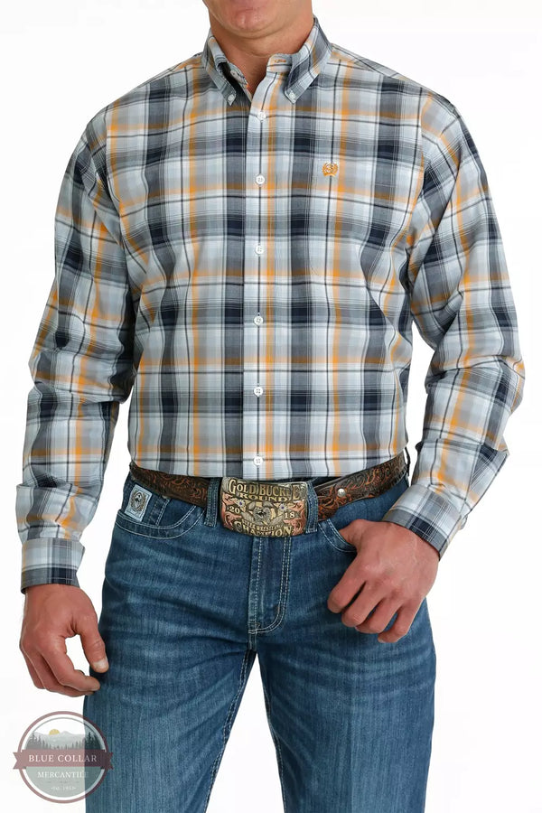 Cinch MTW1105689 Plaid Button-Down Western Long Sleeve Shirt in Light Blue/Navy/Orange Front View