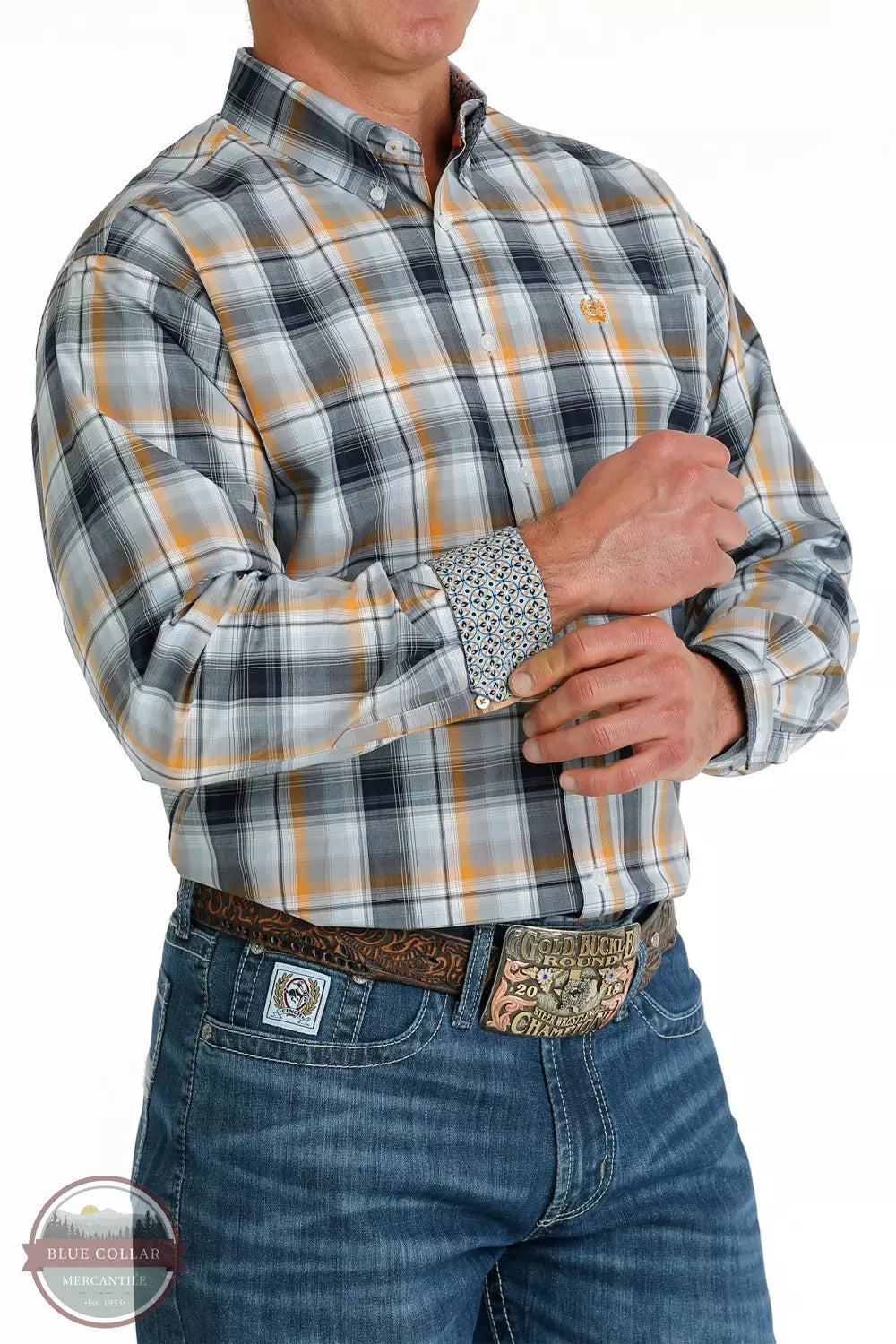 Cinch MTW1105689 Plaid Button-Down Western Long Sleeve Shirt in Light Blue/Navy/Orange Profile View