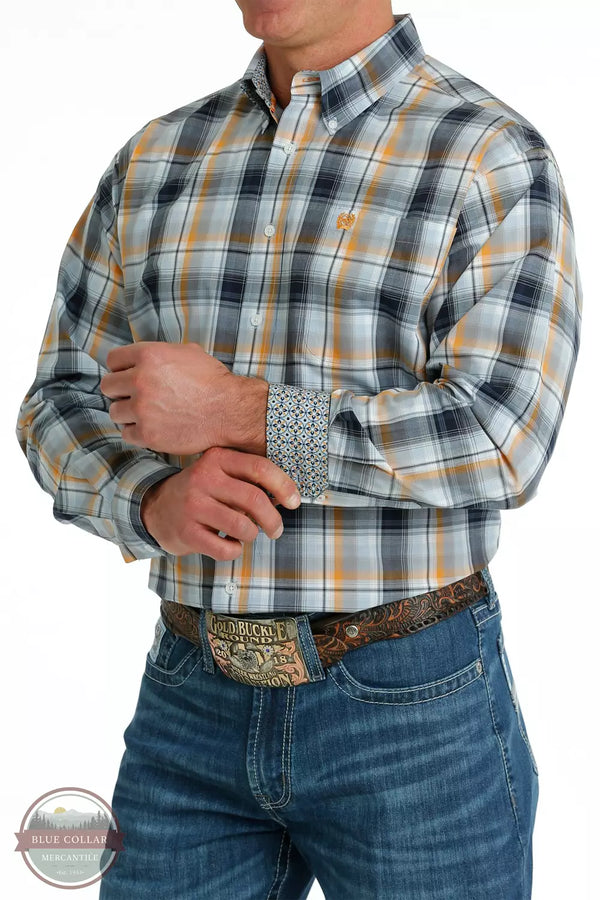 Cinch MTW1105689 Plaid Button-Down Western Long Sleeve Shirt in Light Blue/Navy/Orange Profile View 2