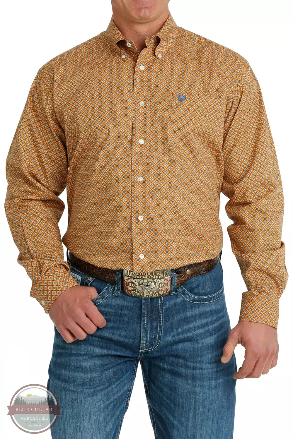 Cinch MTW1105700 Geometric Print Button-Down Western Long Sleeve Shirt in Orange/Blue Front View