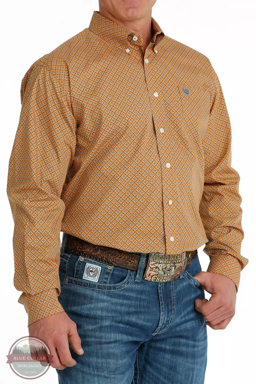 Cinch MTW1105700 Geometric Print Button-Down Western Long Sleeve Shirt in Orange/Blue Profile View