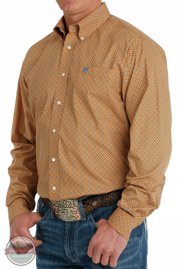 Cinch MTW1105700 Geometric Print Button-Down Western Long Sleeve Shirt in Orange/Blue Profile View 2