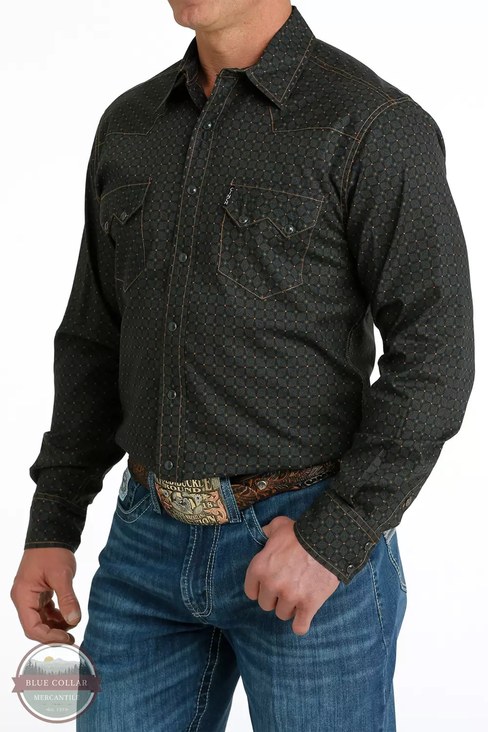 Cinch MTW1301070 Black Diamond Print Long Sleeve Western Snap Shirt Side View