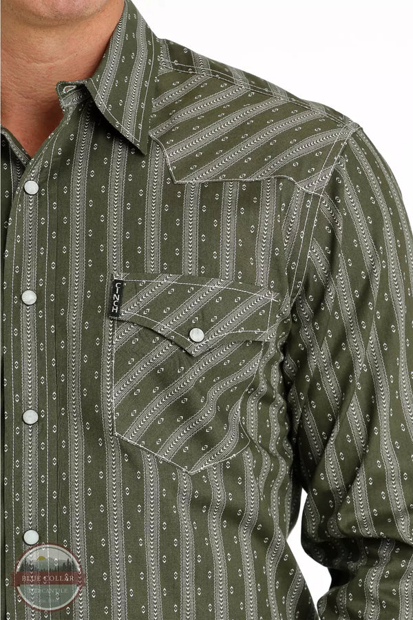 Cinch MTW1303072 Olive Stripe Print Long Sleeve Western Snap Shirt Detail View