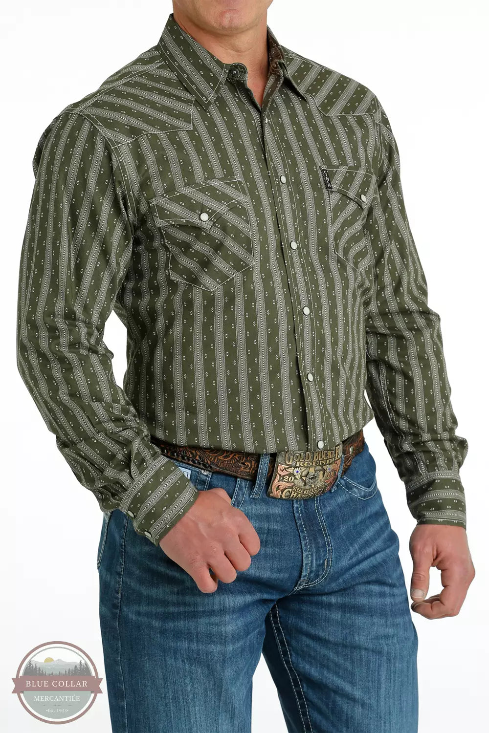 Cinch MTW1303072 Olive Stripe Print Long Sleeve Western Snap Shirt Profile View