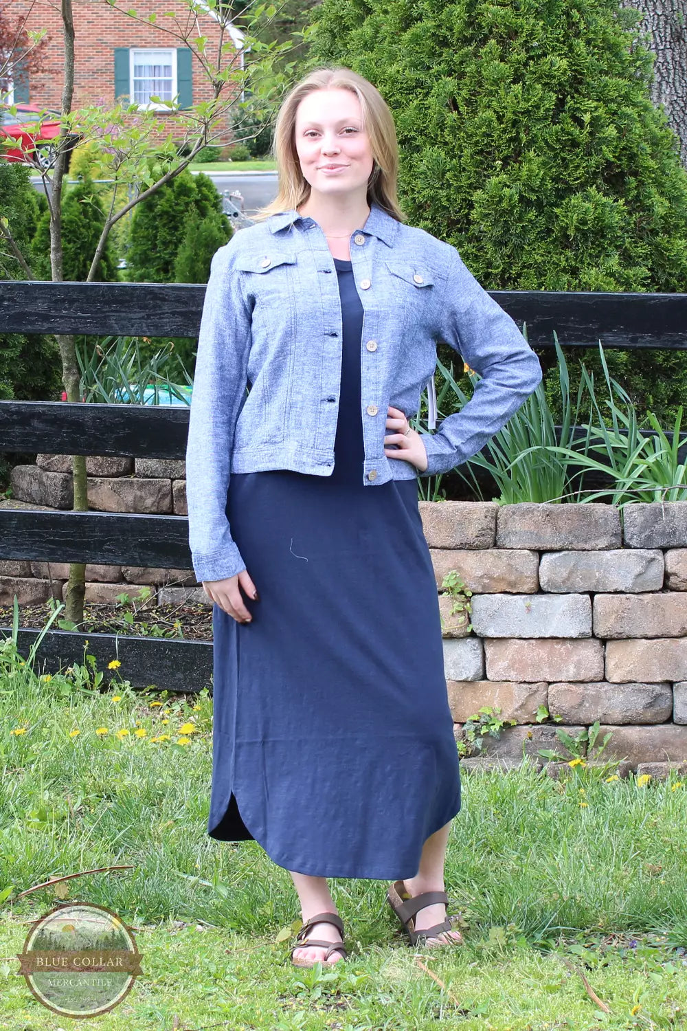 Dash TD4038 Button Front Linen Jacket Indigo Life View. Available in multiple colors