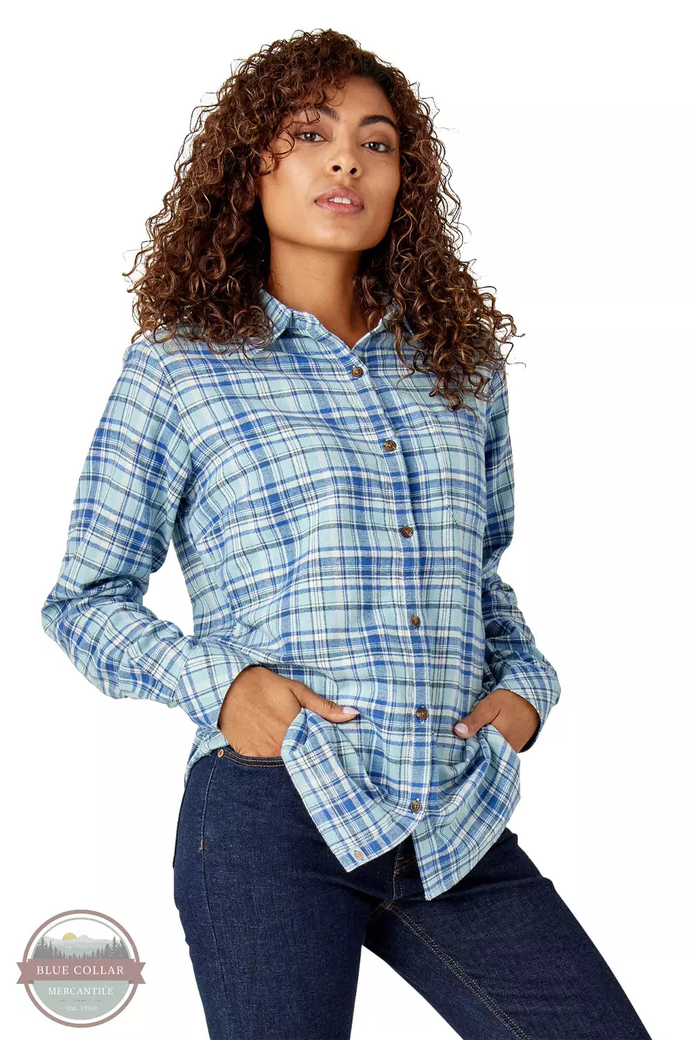 Dickies FL075 Plaid Flannel Long Sleeve Shirt Clear Blue Orchard Front View