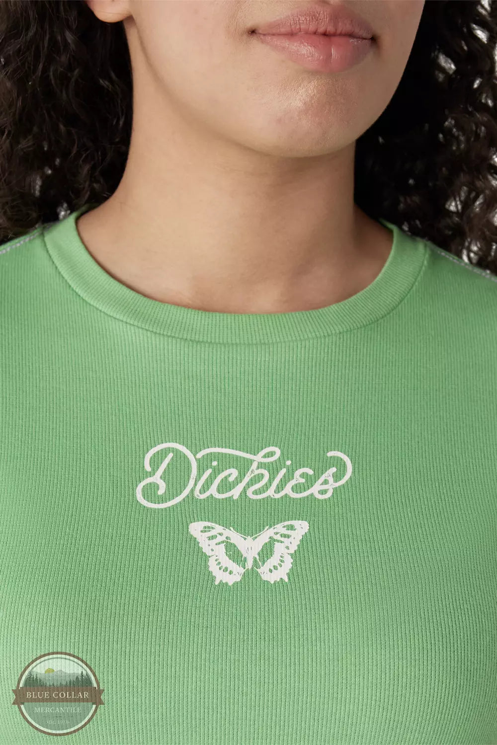 Dickies FSR64AR2 Butterfly Graphic Cropped Baby T-Shirt in Apple Mint Detail View