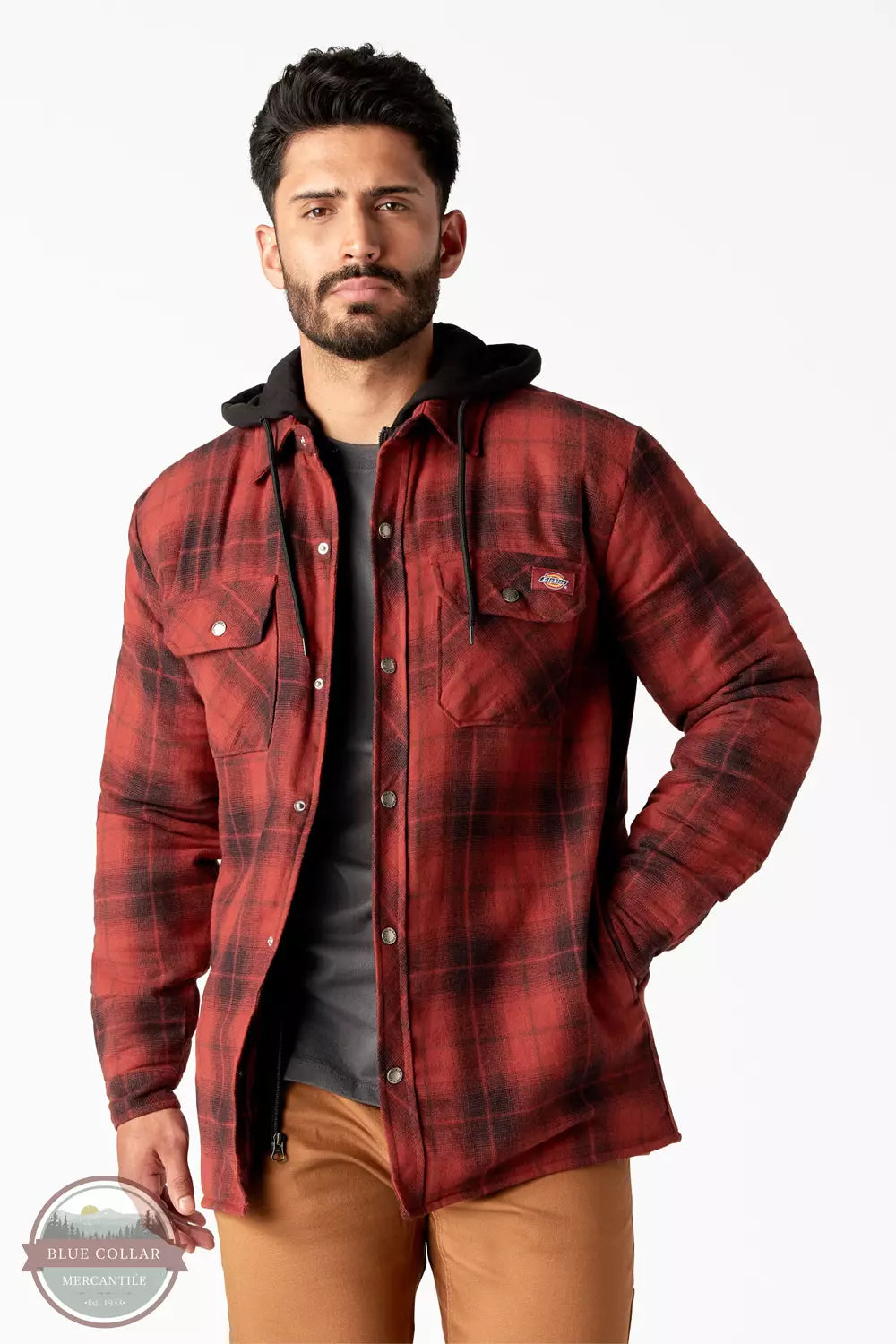 Dickies TJ211 Water Repellent Flannel Hooded Shirt Jacket Brick Front View