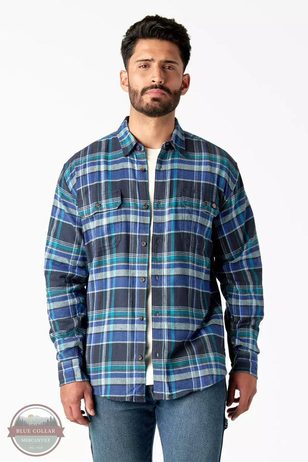 Dickies WL650 Flex Long Sleeve Flannel Shirt Navy Blue Front View