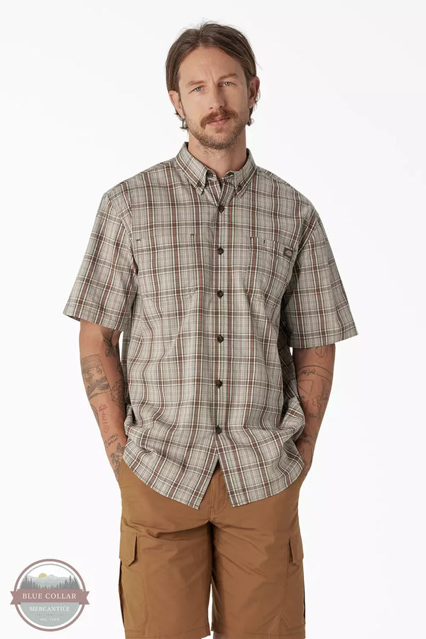 Dickies WS551 Flex Short Sleeve Woven Plaid Work Shirt Moss Backland Prairie Front View. This item is available in multiple colors.