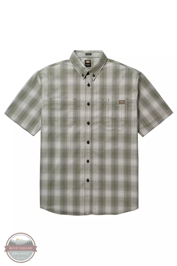 Dickies WS551 Flex Short Sleeve Woven Plaid Work Shirt Light Olive Front View