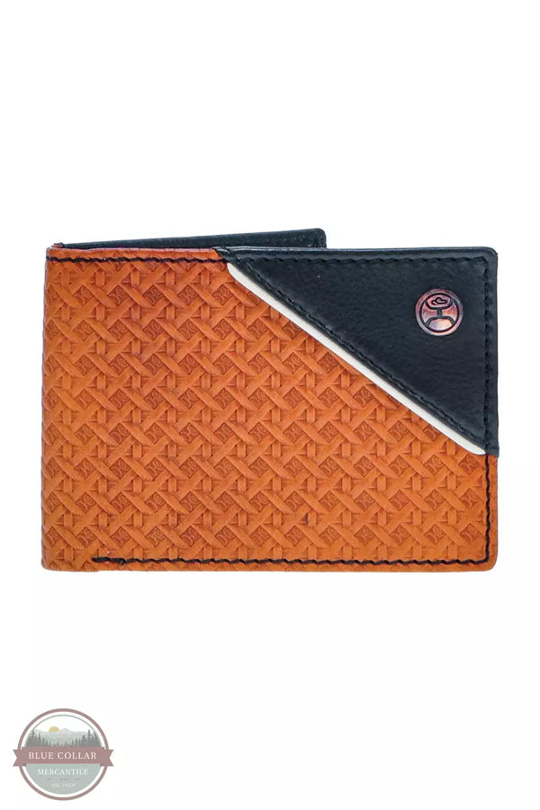 Hooey HFBF002-TNBR Hands Up Basket Weave Front Pocket Bifold Wallet in Tan with Black Leather Front View