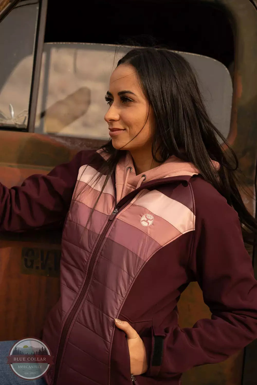 Hooey HJ102MA Softshell Jacket in Maroon with Pink Stripes Detail View