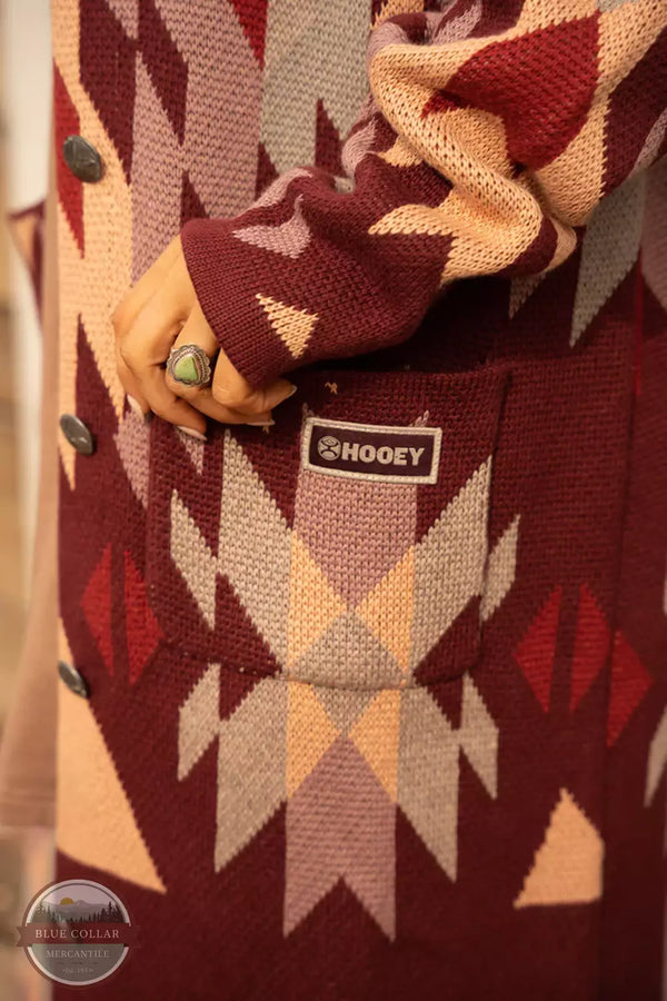 Hooey HJ104PKAZ Sweater Knit Duster in Burgundy / Tan Aztec Pattern Detail View