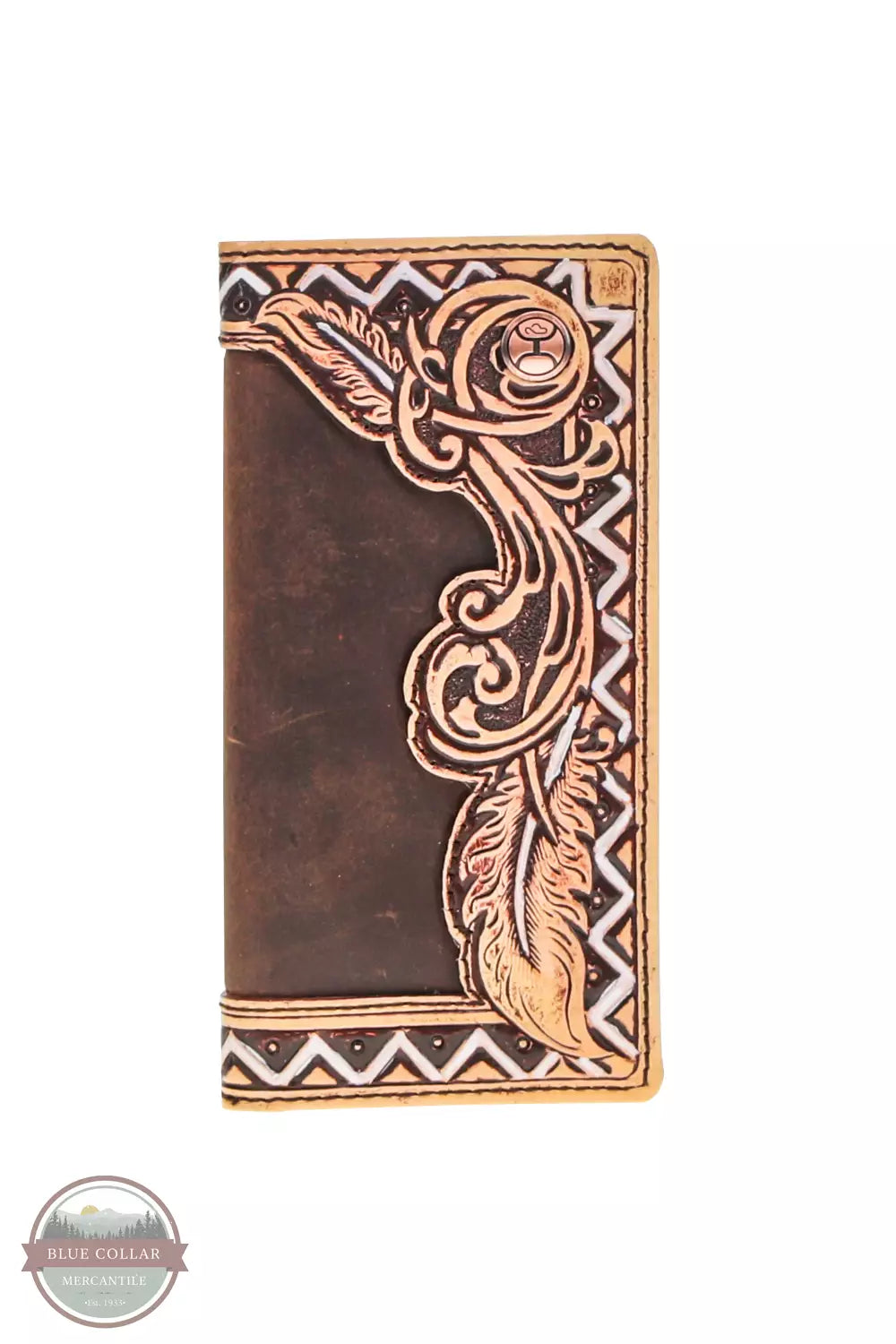 Hooey HW030-BRTN War Paint Brown/Tan Hand Tooled Aztec Feather Filigree Rodeo Checkbook Wallet Front View