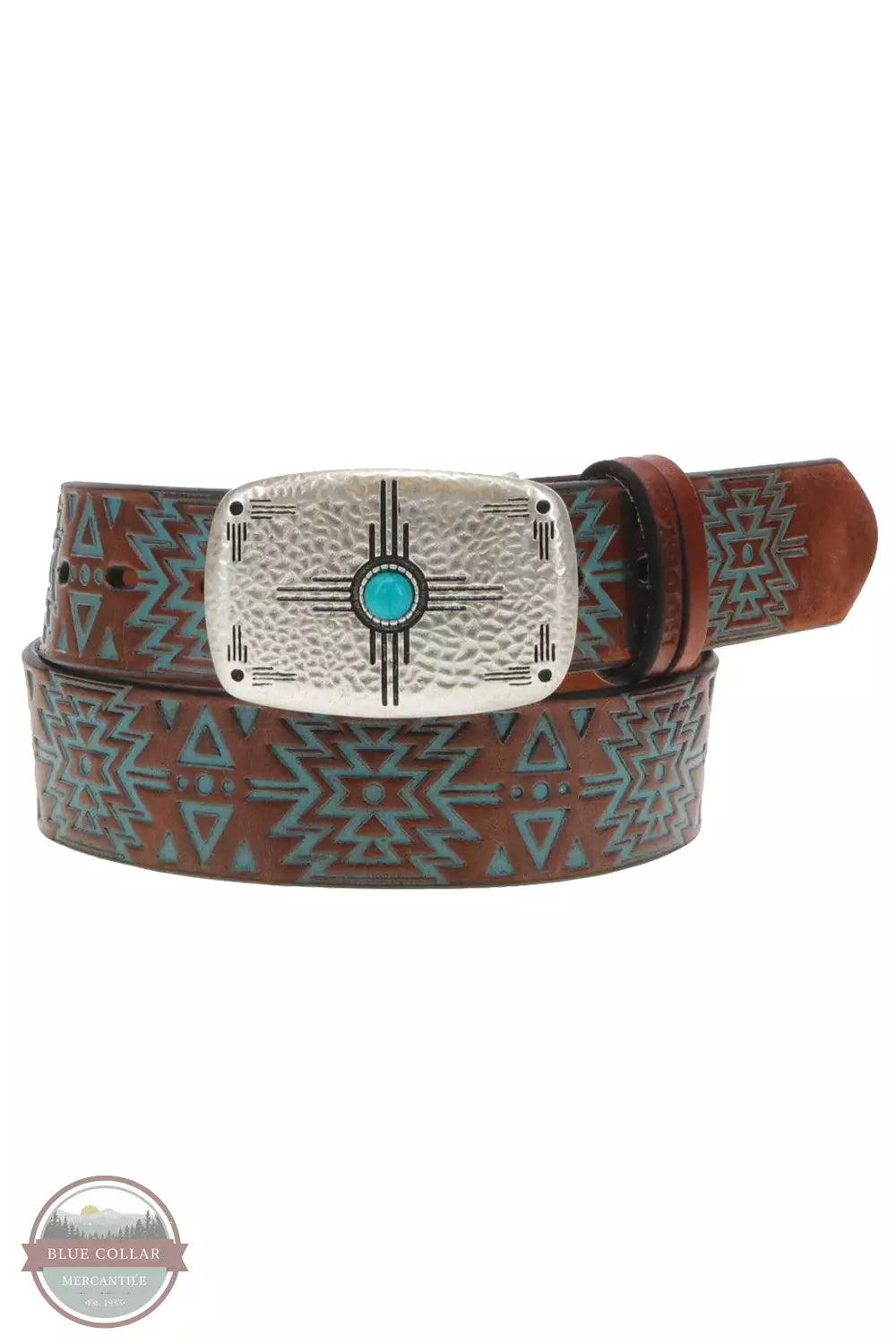 Hooey HWBLT010 Dakota Belt with Embossed Turquoise Aztec Design Front View