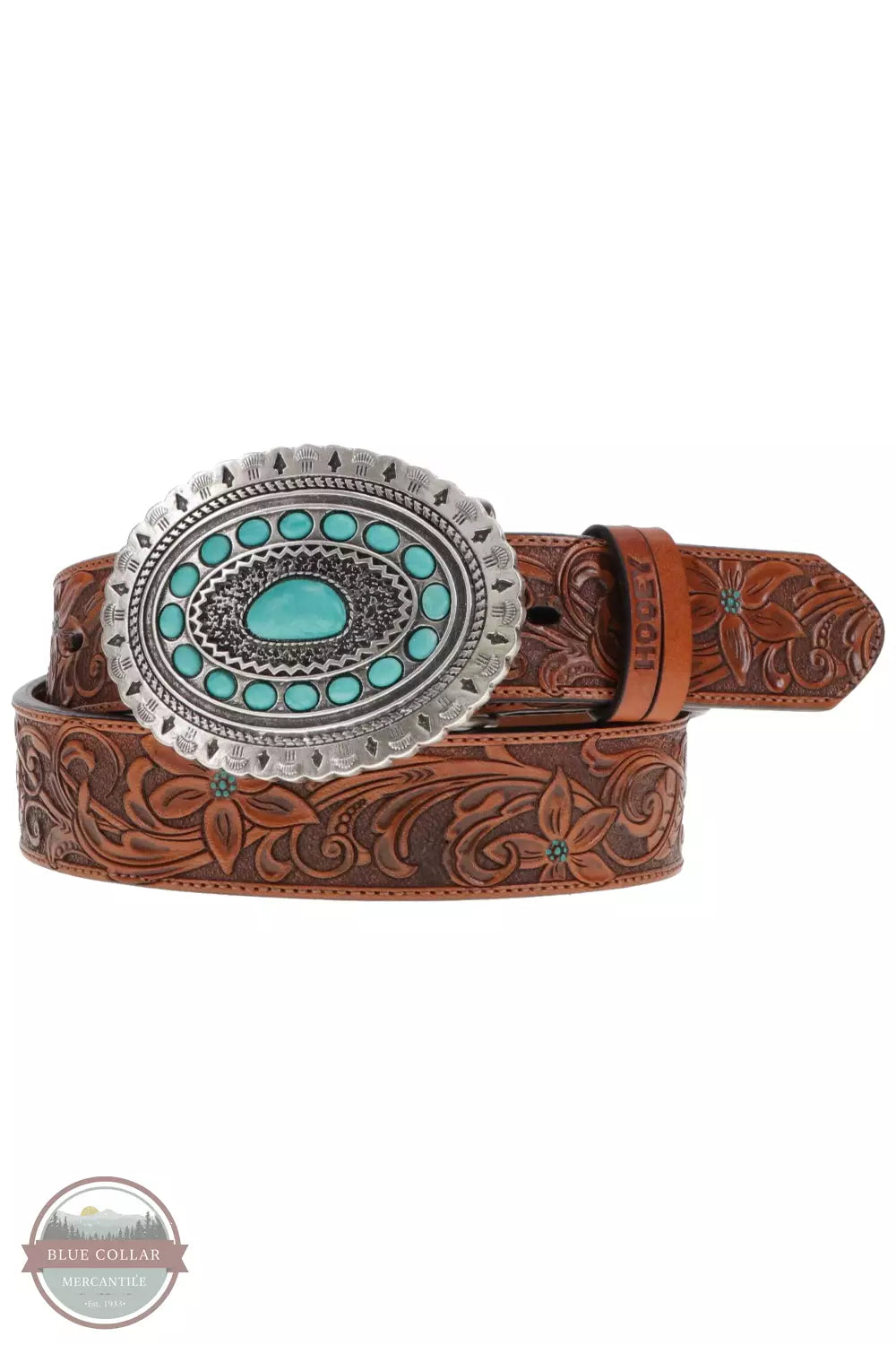 Hooey HWBLT021 Medina Floral Embossed Belt with Turquoise Buckle Front View
