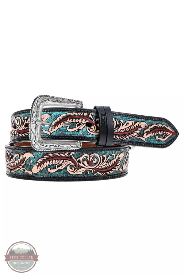 Hooey HWBLT026 Sequoia Feather Filigree Belt with Turquoise & Red Accents Front View