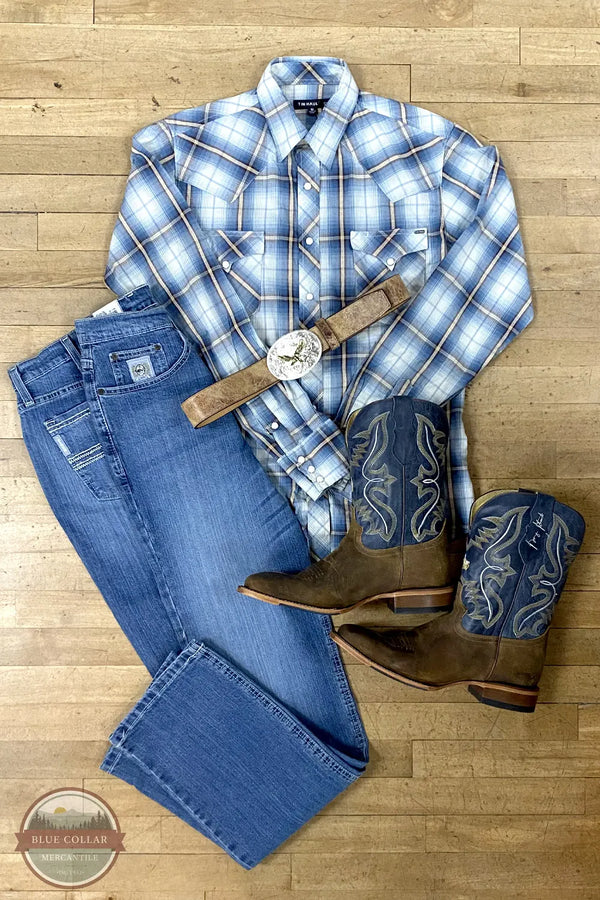 Kaitlyns pick of the week, Cinch Jeans MB98034015 IND, Leegin C13436 Belt, Roper 10-001-0062-0223 BU Shirt, Justin GR8015 Western Boots, Montana Silversmiths G1840 Belt Buckle