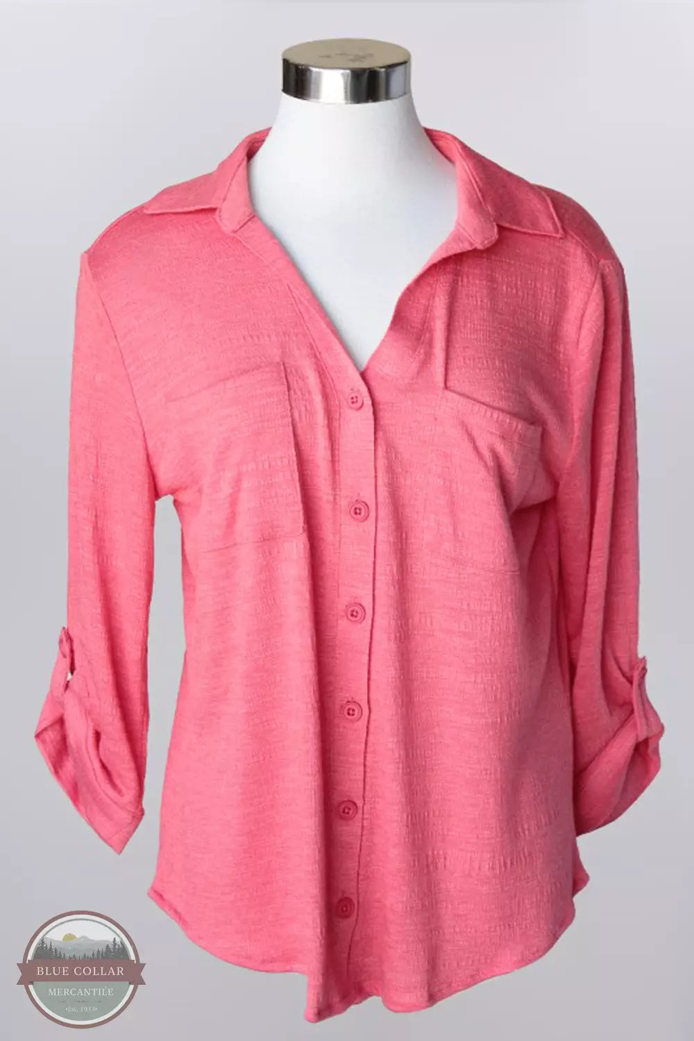 Keren Hart 26015 Roll Tab 3/4 Sleeve Shirt Coral Front View. This item is available in multiple colors.