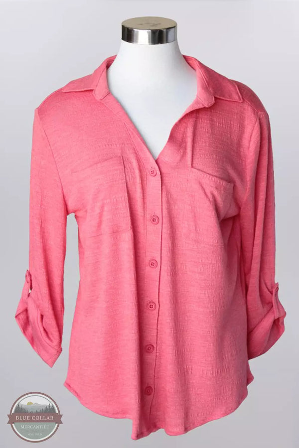 Keren Hart 26015 Roll Tab 3/4 Sleeve Shirt Coral Front View. This item is available in multiple colors.