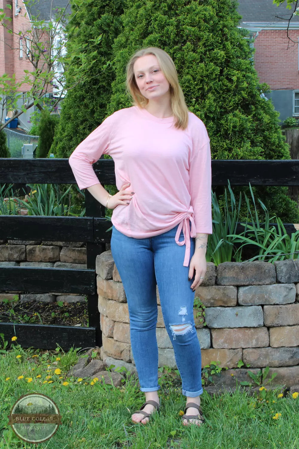 Keren Hart 26032 Cinch Side 3/4 Sleeve Top Pink Life View. Available in multiple colors