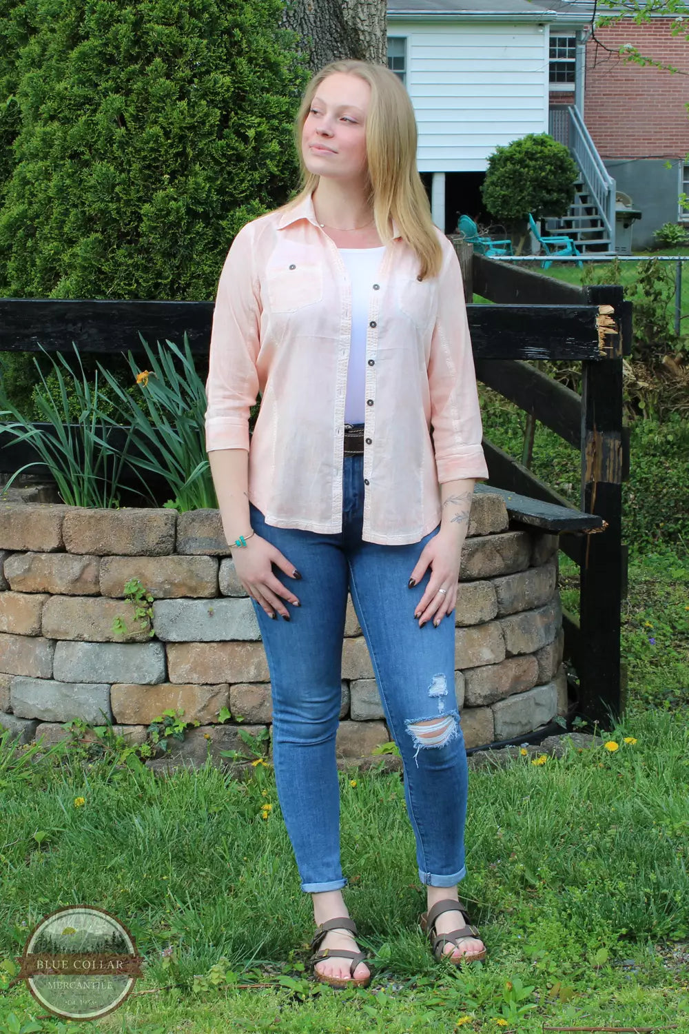 Keren Hart 76020 Faded Wash 3/4 Sleeve Shirt Peach Front View. Available in multiple colors