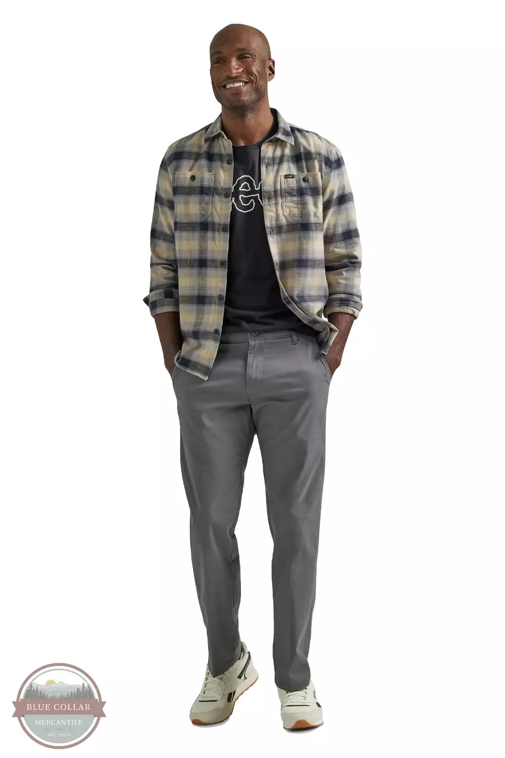 Lee 112339801 Extreme Motion Flannel Button Down Long Sleeve Shirt in Gray Plaid Full View