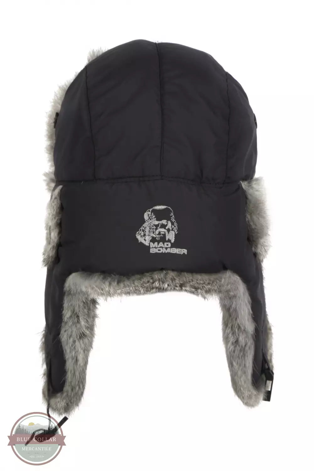 Mad Bomber 304BLK Black Supplex Bomber Hat with Grey Fur Back View